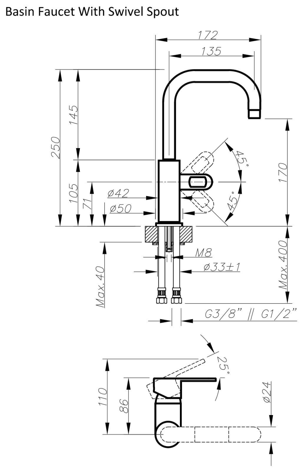 Adell Lento Lavabo Bataryası Döner Borulu 3/8" Krom uygulama örneği