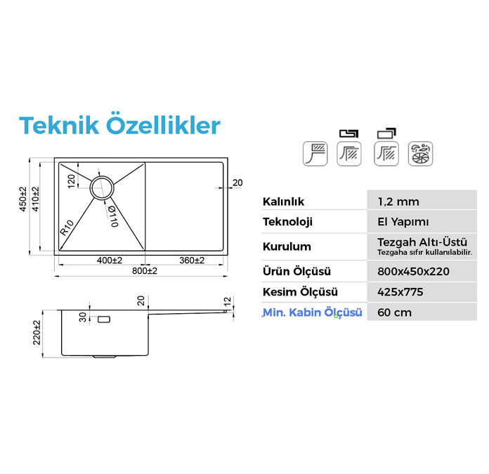 Crauf Via Bella 6071 Evye Tek Gözlü Sağ Damlalıklı 80x45 cm Platinum Satin (İnox) uygulama örneği