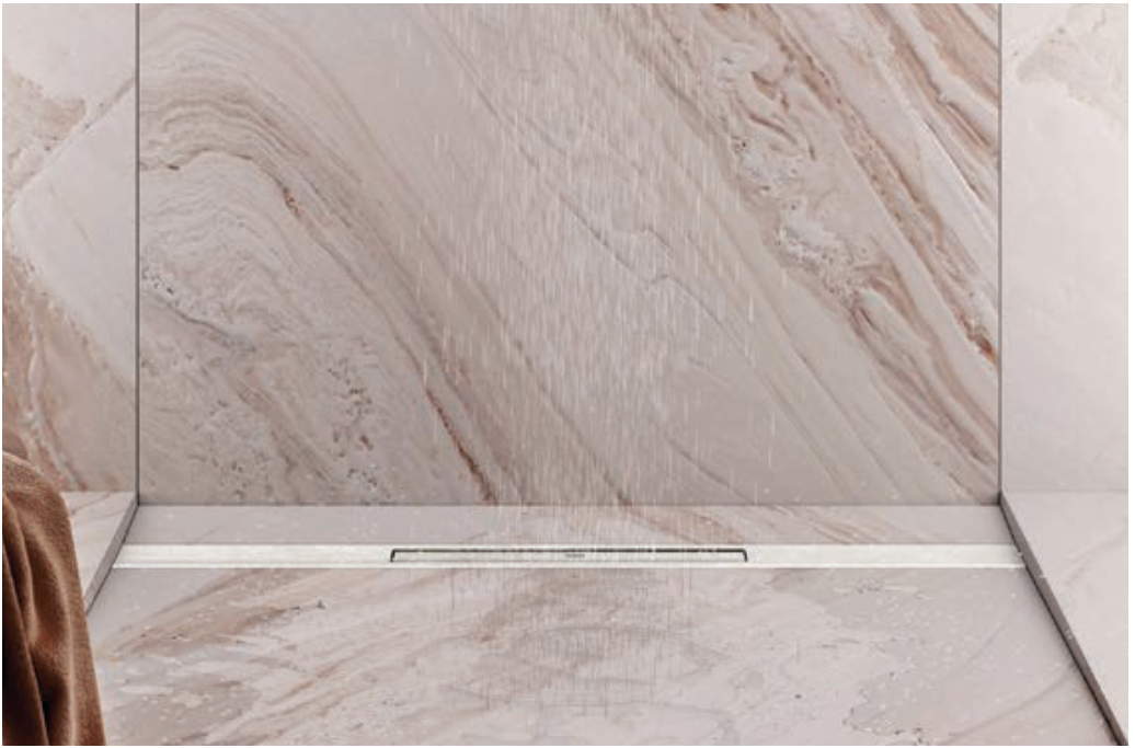 Hüppe River 60 cm Duş Kanalı Yandan Çıkış Ø50 mm Paslanmaz Çelik Kapak (3 mm) Mat 48 L/dk Kesilebilir uygulama örneği
