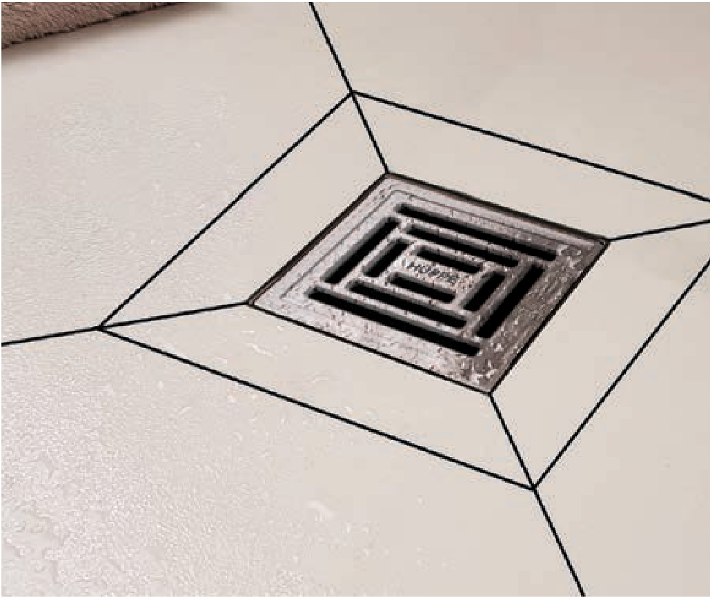 Hüppe Master X 10x10 cm Duş Süzgeci Yandan Çıkış Ø50 mm Paslanmaz Çelik Desenli Kapak Titanyum Siyah Yalıtımlı uygulama örneği