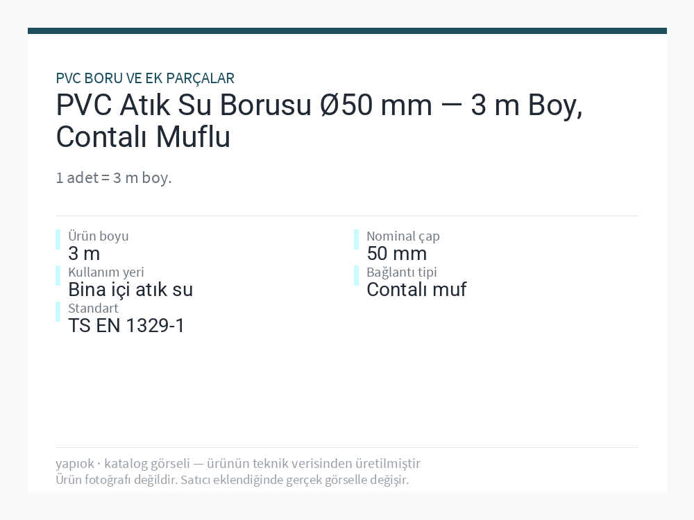 PVC Atık Su Borusu Ø50 mm — 3 m Boy, Contalı Muflu
