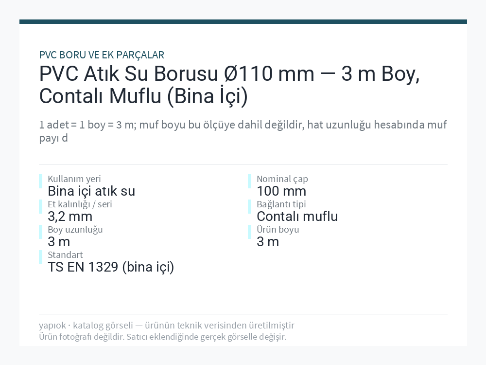 PVC Atık Su Borusu Ø110 mm — 3 m Boy, Contalı Muflu (Bina İçi)