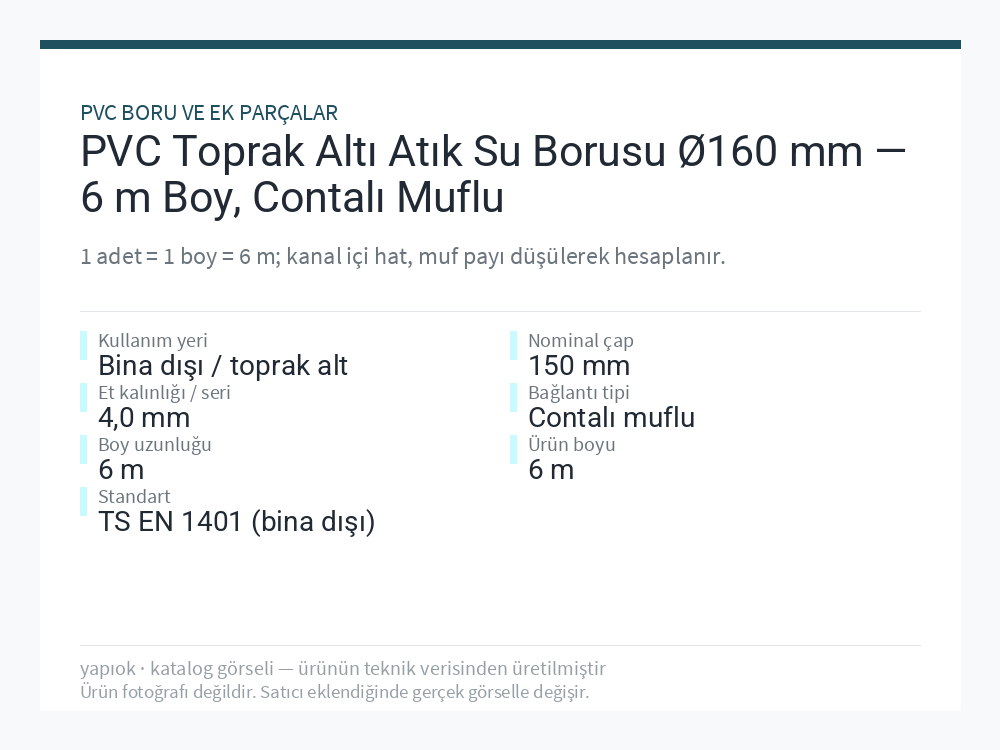 PVC Toprak Altı Atık Su Borusu Ø160 mm — 6 m Boy, Contalı Muflu