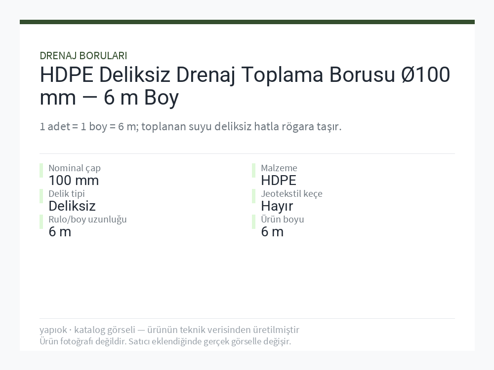 HDPE Deliksiz Drenaj Toplama Borusu Ø100 mm — 6 m Boy