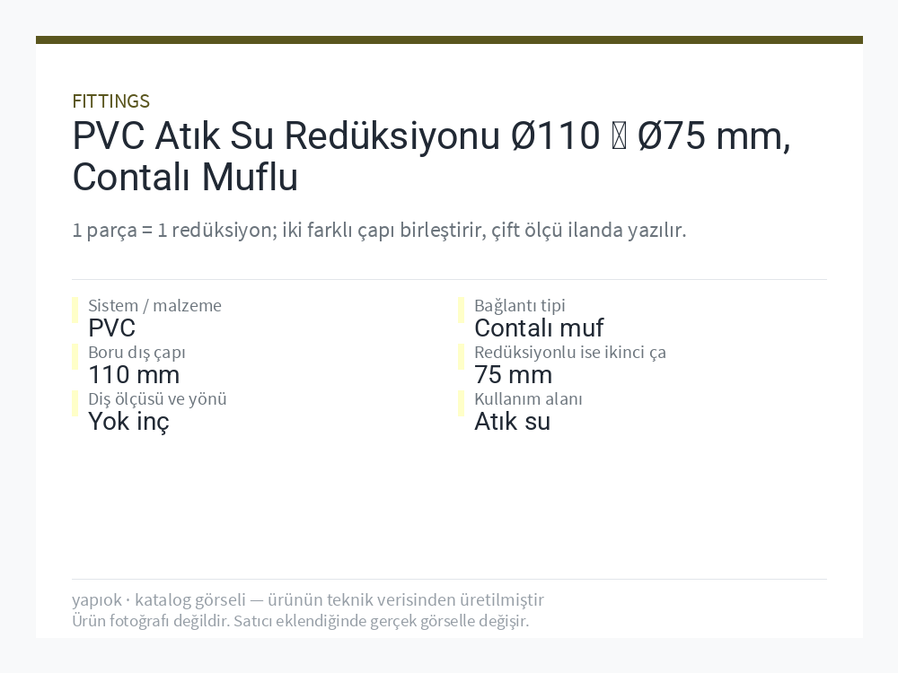 PVC Atık Su Redüksiyonu Ø110 → Ø75 mm, Contalı Muflu