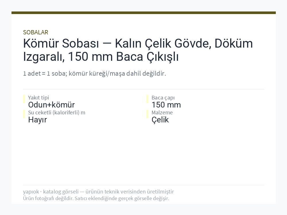 Kömür Sobası — Kalın Çelik Gövde, Döküm Izgaralı, 150 mm Baca Çıkışlı