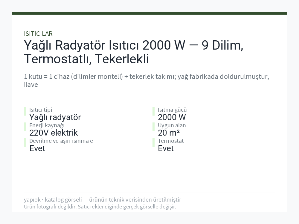 Yağlı Radyatör Isıtıcı 2000 W — 9 Dilim, Termostatlı, Tekerlekli