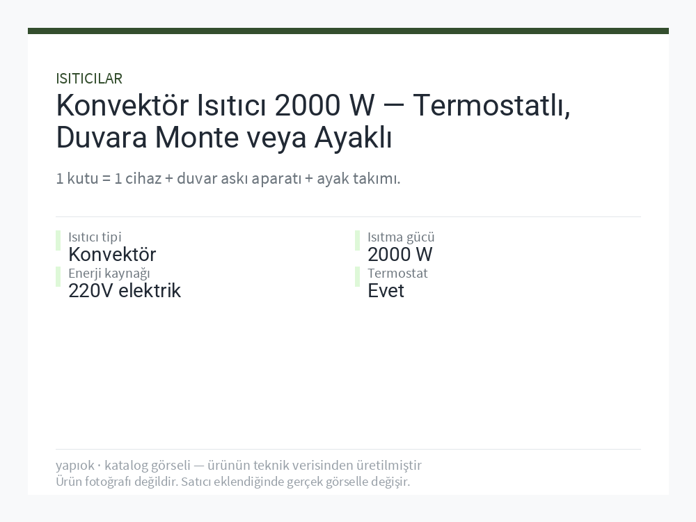 Konvektör Isıtıcı 2000 W — Termostatlı, Duvara Monte veya Ayaklı