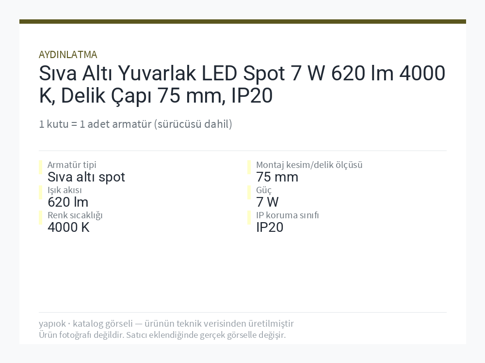 Sıva Altı Yuvarlak LED Spot 7 W 620 lm 4000 K, Delik Çapı 75 mm, IP20