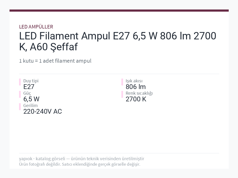 LED Filament Ampul E27 6,5 W 806 lm 2700 K, A60 Şeffaf