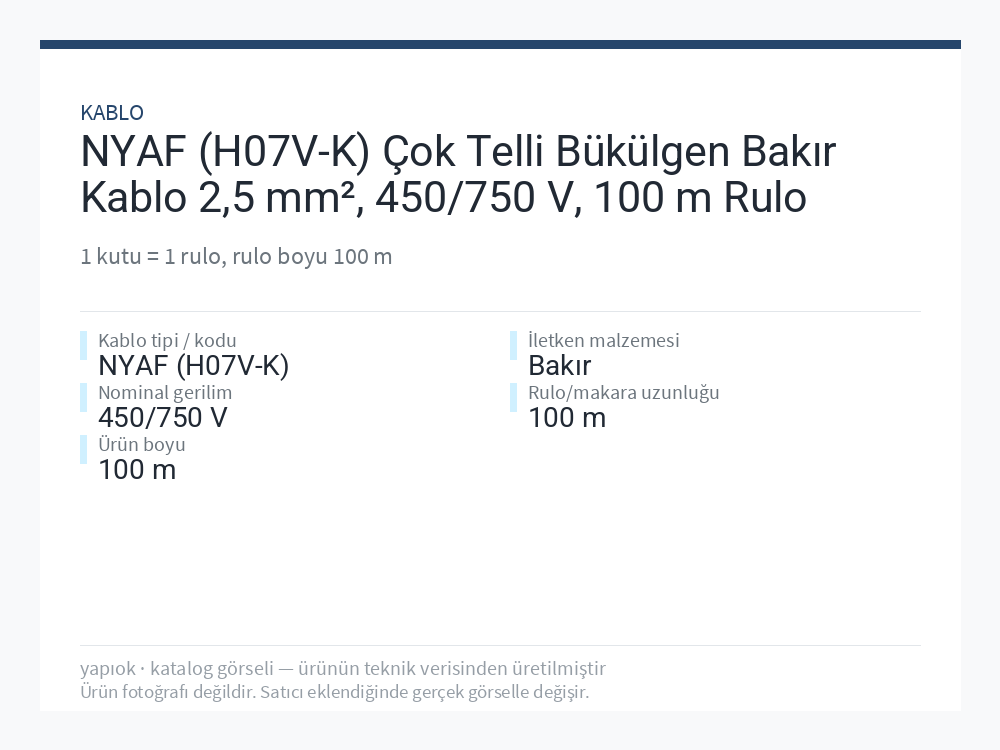NYAF (H07V-K) Çok Telli Bükülgen Bakır Kablo 2,5 mm², 450/750 V, 100 m Rulo