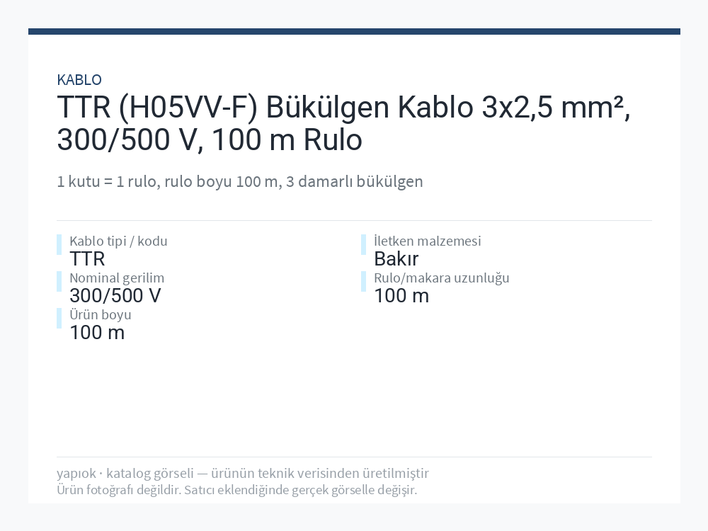 TTR (H05VV-F) Bükülgen Kablo 3x2,5 mm², 300/500 V, 100 m Rulo