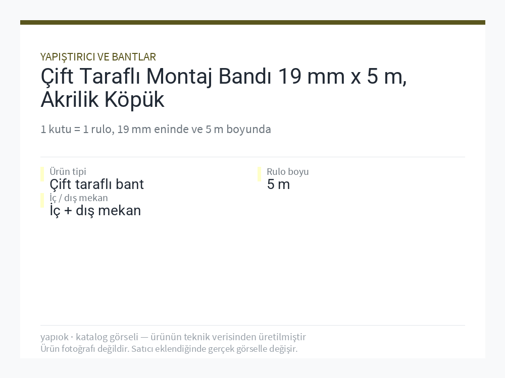 Çift Taraflı Montaj Bandı 19 mm x 5 m, Akrilik Köpük