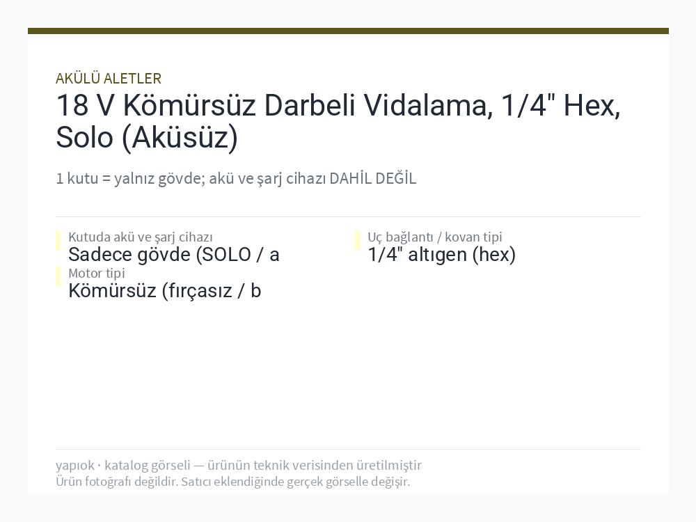 18 V Kömürsüz Darbeli Vidalama, 1/4" Hex, Solo (Aküsüz)