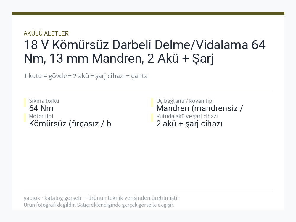 18 V Kömürsüz Darbeli Delme/Vidalama 64 Nm, 13 mm Mandren, 2 Akü + Şarj