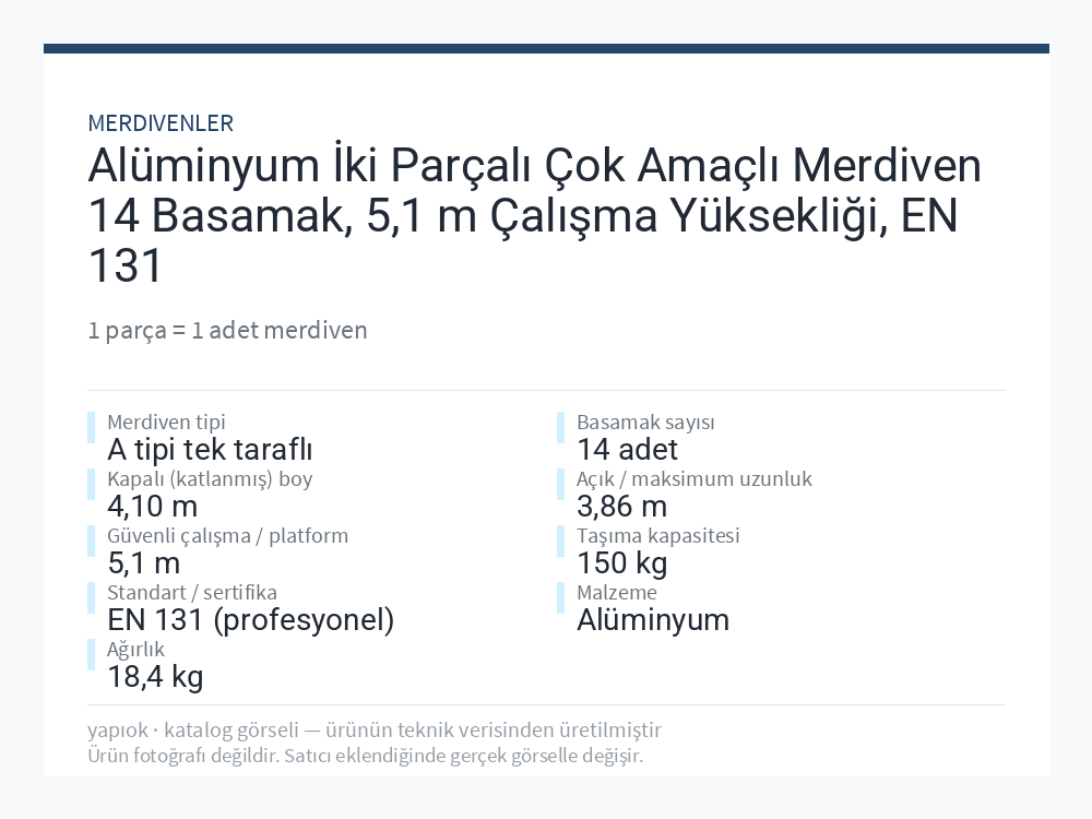 Alüminyum İki Parçalı Çok Amaçlı Merdiven 14 Basamak, 5,1 m Çalışma Yüksekliği, EN 131