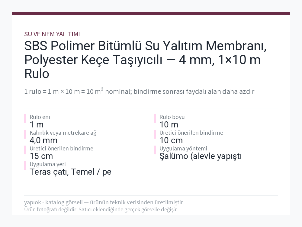 SBS Polimer Bitümlü Su Yalıtım Membranı, Polyester Keçe Taşıyıcılı — 4 mm, 1×10 m Rulo