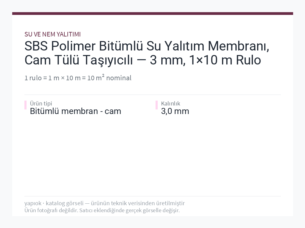 SBS Polimer Bitümlü Su Yalıtım Membranı, Cam Tülü Taşıyıcılı — 3 mm, 1×10 m Rulo
