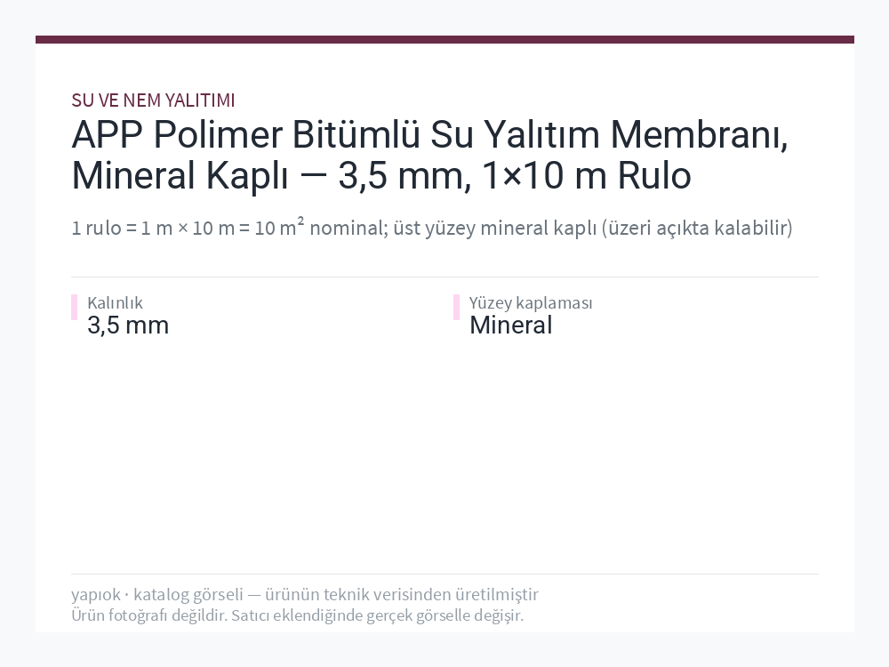 APP Polimer Bitümlü Su Yalıtım Membranı, Mineral Kaplı — 3,5 mm, 1×10 m Rulo