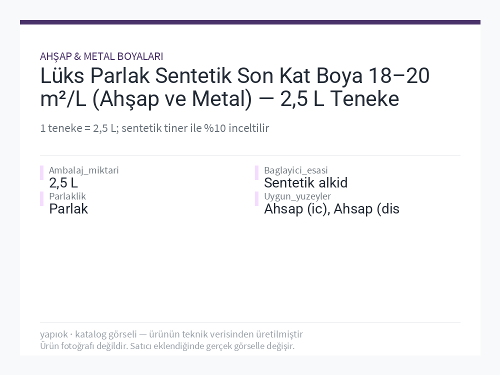 Lüks Parlak Sentetik Son Kat Boya 18–20 m²/L (Ahşap ve Metal) — 2,5 L Teneke