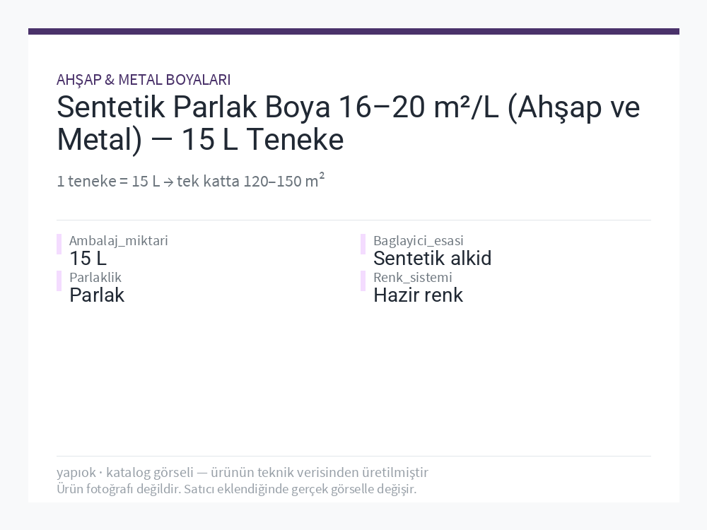 Sentetik Parlak Boya 16–20 m²/L (Ahşap ve Metal) — 15 L Teneke