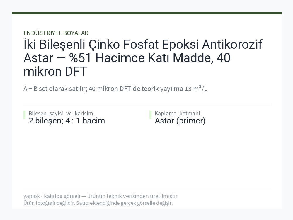 İki Bileşenli Çinko Fosfat Epoksi Antikorozif Astar — %51 Hacimce Katı Madde, 40 mikron DFT