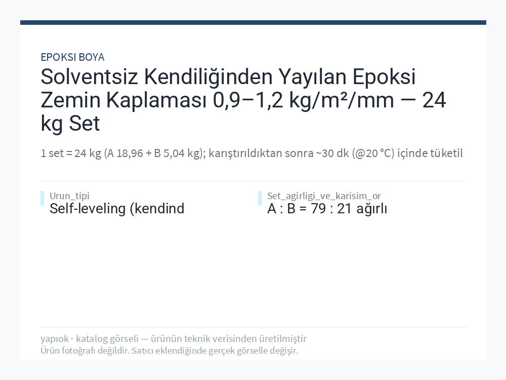 Solventsiz Kendiliğinden Yayılan Epoksi Zemin Kaplaması 0,9–1,2 kg/m²/mm — 24 kg Set