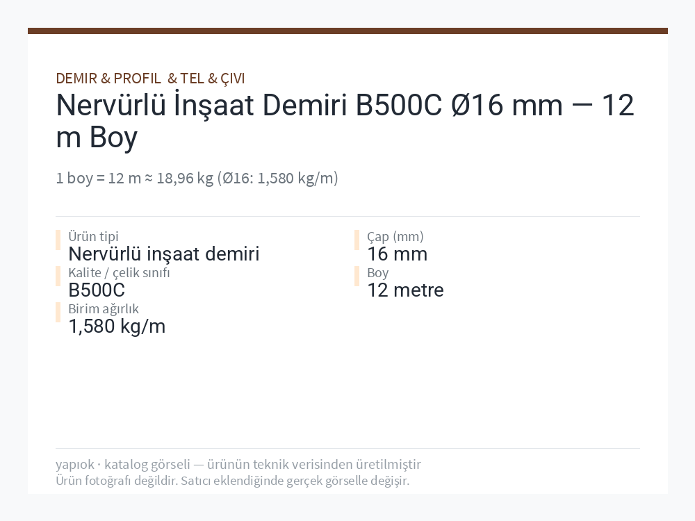 Nervürlü İnşaat Demiri B500C Ø16 mm — 12 m Boy