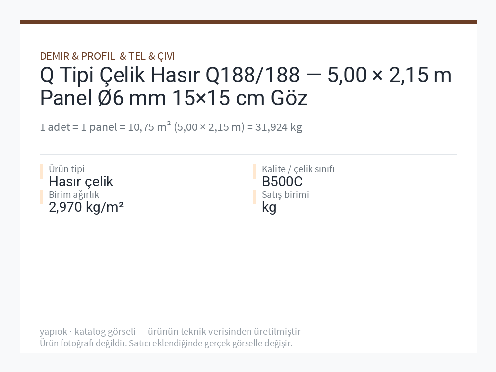 Q Tipi Çelik Hasır Q188/188 — 5,00 × 2,15 m Panel Ø6 mm 15×15 cm Göz