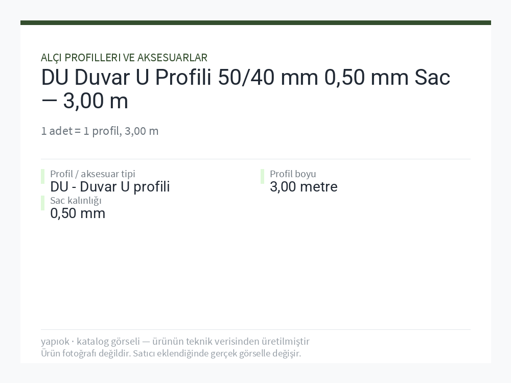 DU Duvar U Profili 50/40 mm 0,50 mm Sac — 3,00 m