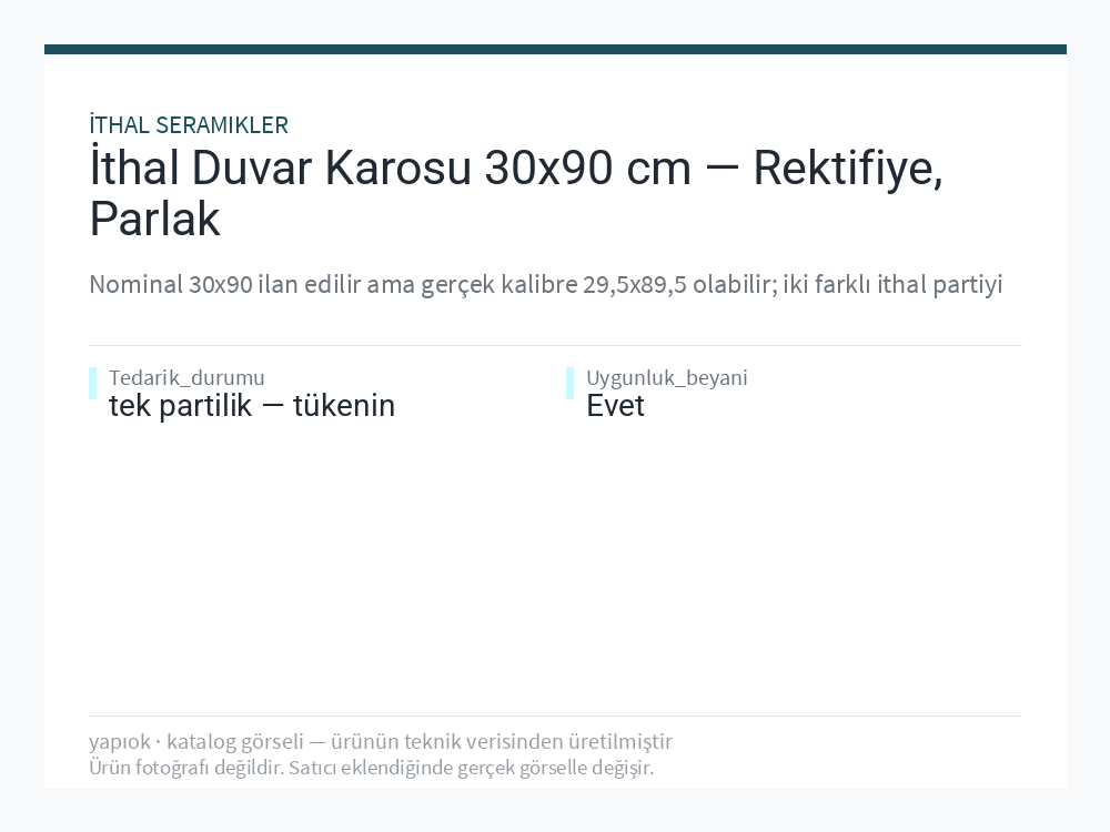 İthal Duvar Karosu 30x90 cm — Rektifiye, Parlak