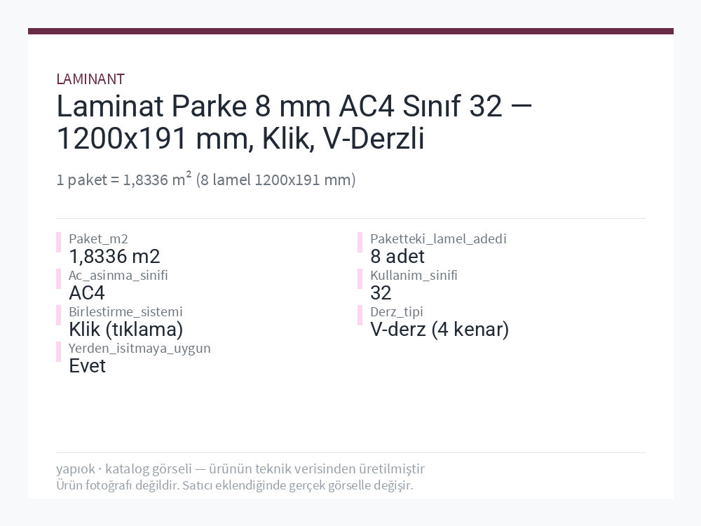 Laminat Parke 8 mm AC4 Sınıf 32 — 1200x191 mm, Klik, V-Derzli