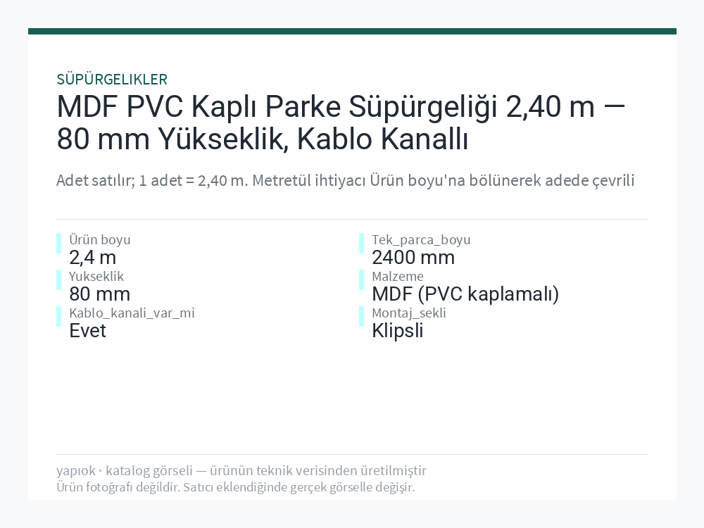 MDF PVC Kaplı Parke Süpürgeliği 2,40 m — 80 mm Yükseklik, Kablo Kanallı