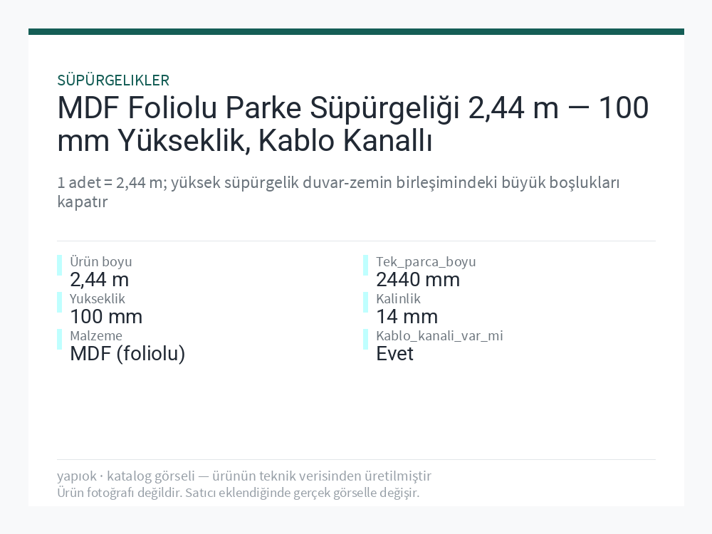 MDF Foliolu Parke Süpürgeliği 2,44 m — 100 mm Yükseklik, Kablo Kanallı