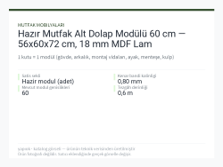 Hazır Mutfak Alt Dolap Modülü 60 cm — 56x60x72 cm, 18 mm MDF Lam