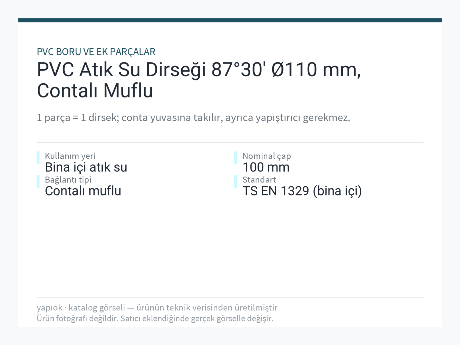 PVC Atık Su Dirseği 87°30' Ø110 mm, Contalı Muflu