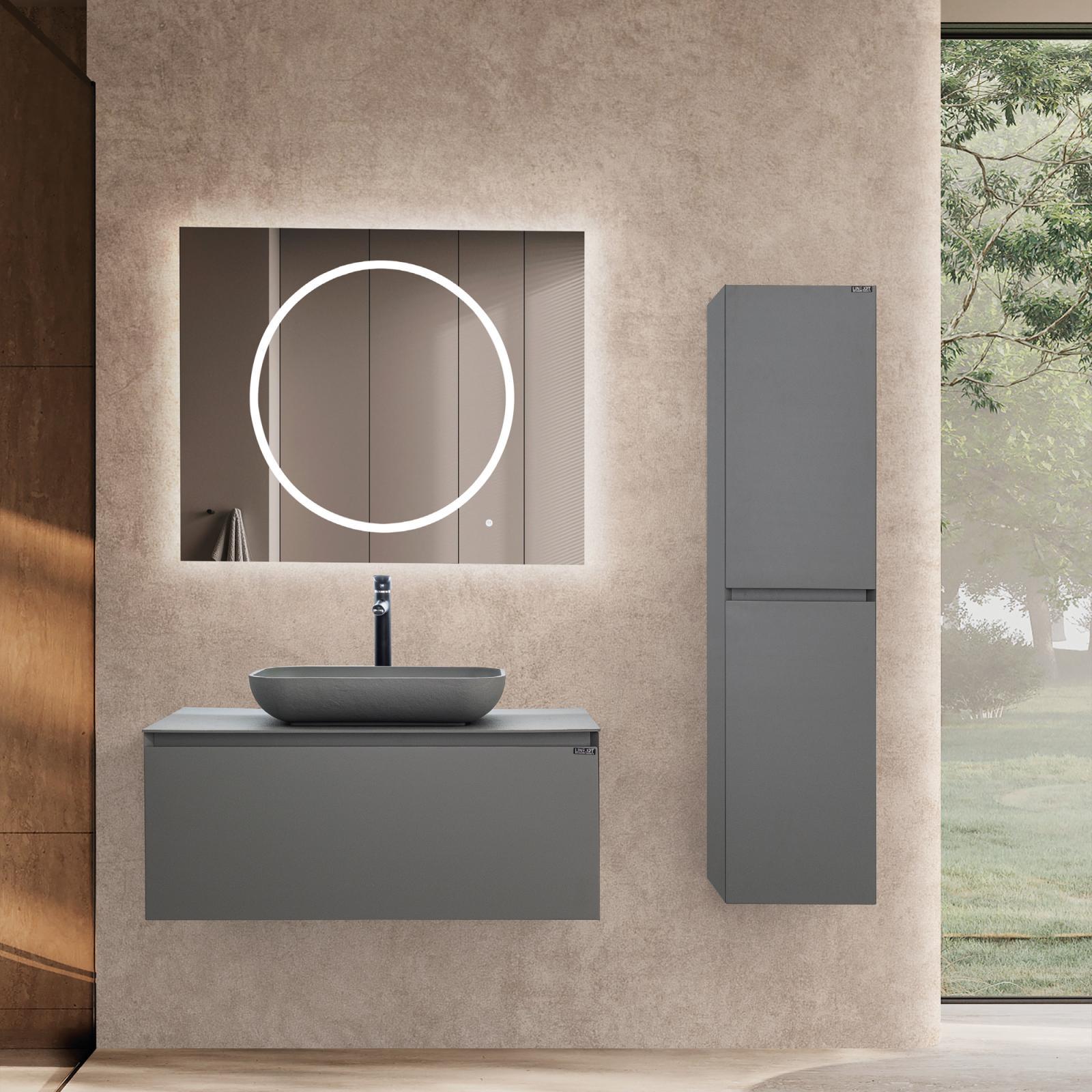 Lineart Royal Rect 1210L Sol Lavabolu Modül + Bella Led Ayna Modül 120 cm Cement uygulama örneği