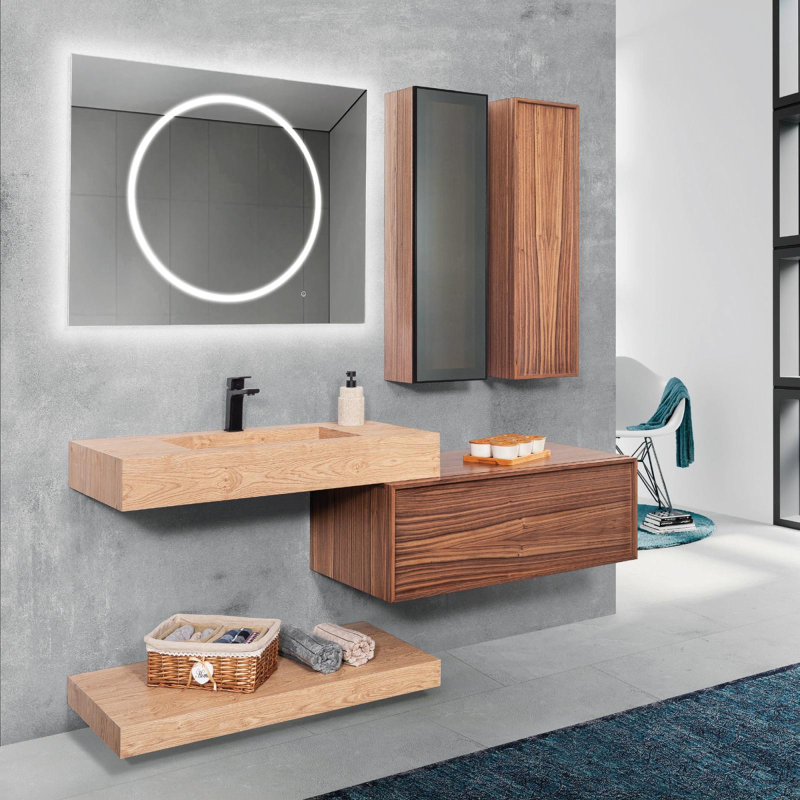 Lineart Form 1400 Ahşap Kaplamalı HPL Lavabo Modül + Form Buğu Önleyici Led Ayna Modül 140 cm Ceviz Dolap Kahve Oxid Tezgah uygulama örneği