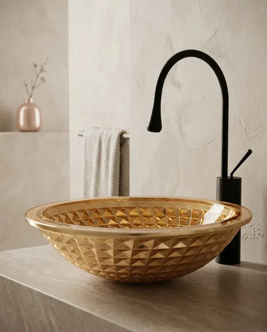 Pure Concept Alder Dekoratif Cam Lavabo 42x42x14 cm Altın uygulama örneği