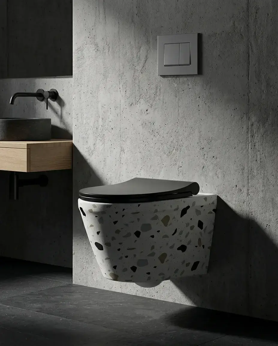Pure Concept Kanalsız Asma Klozet 36x53x30 cm Terrazzo baskılı seramik uygulama örneği