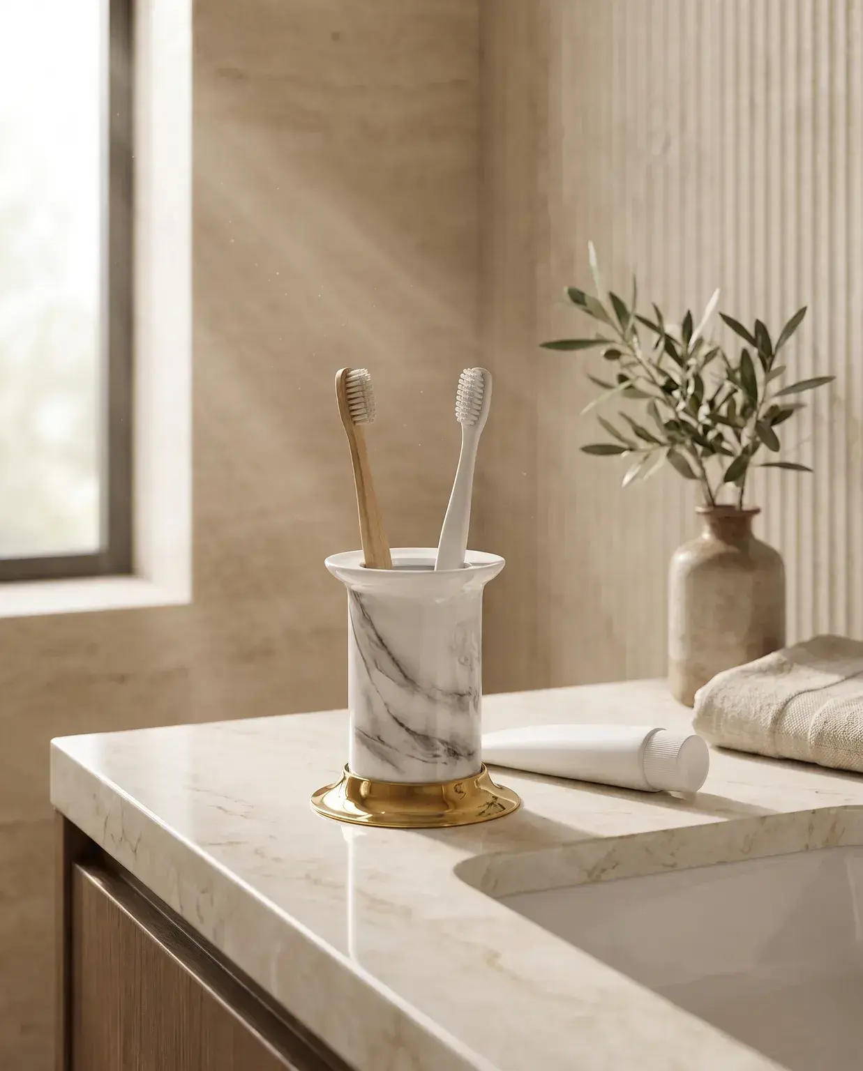 Pure Concept Calacatta Set Üstü Diş Fırçalık Beyaz Altın uygulama örneği