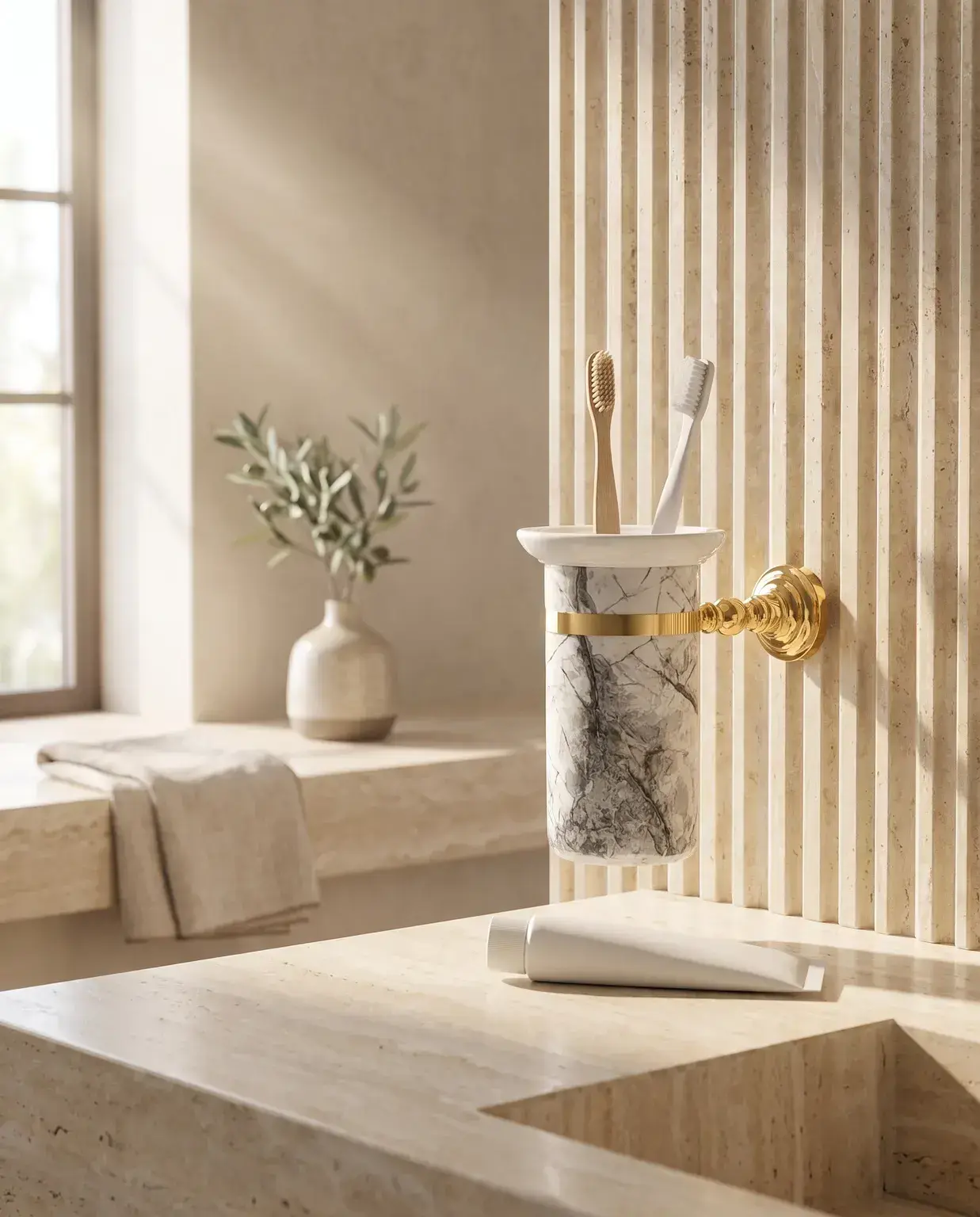 Pure Concept Sharp Calacatta Montajlı Diş Fırçalık Gri mermer desen uygulama örneği