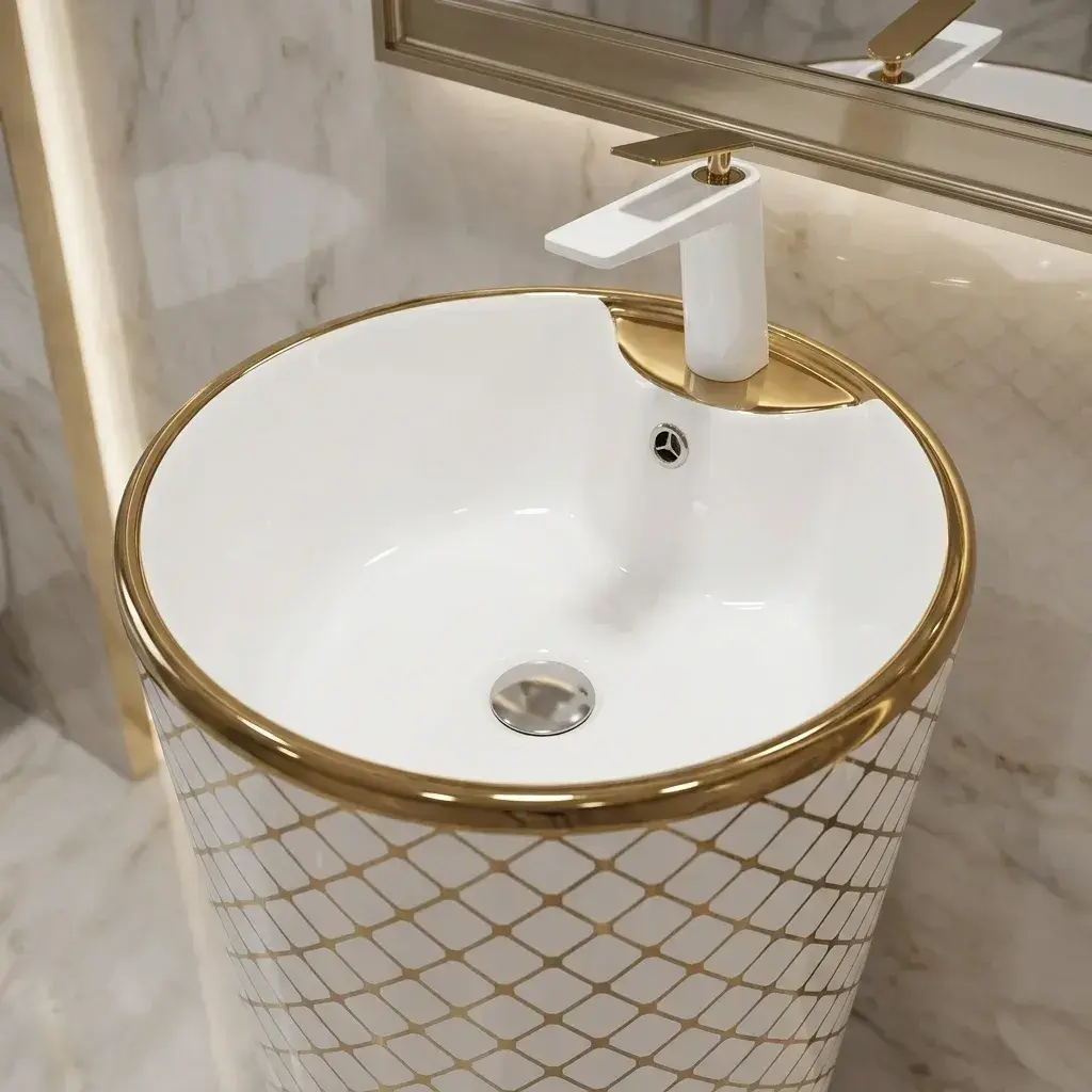 Pure Concept Geometrik Monoblok Lavabo 40x40 cm Beyaz Altın uygulama örneği