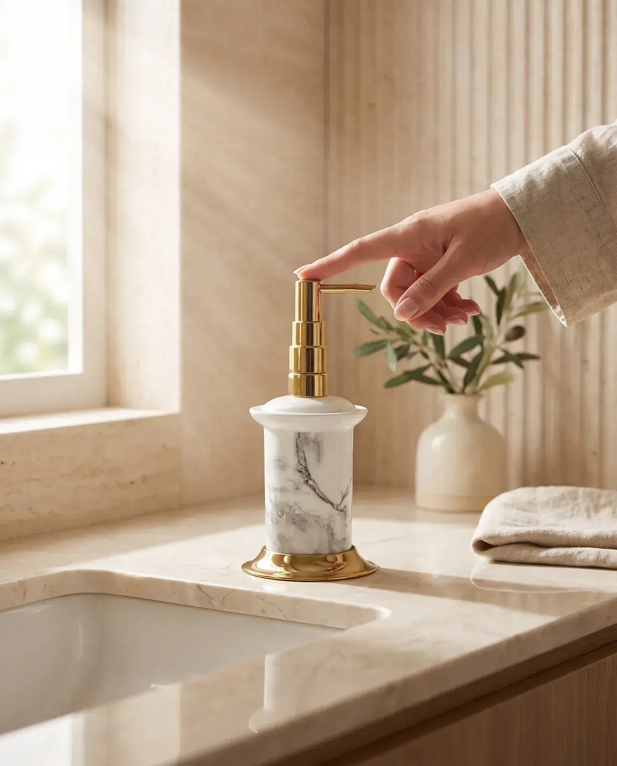 Pure Concept Calacatta Sıvı Sabunluk Beyaz Altın uygulama örneği