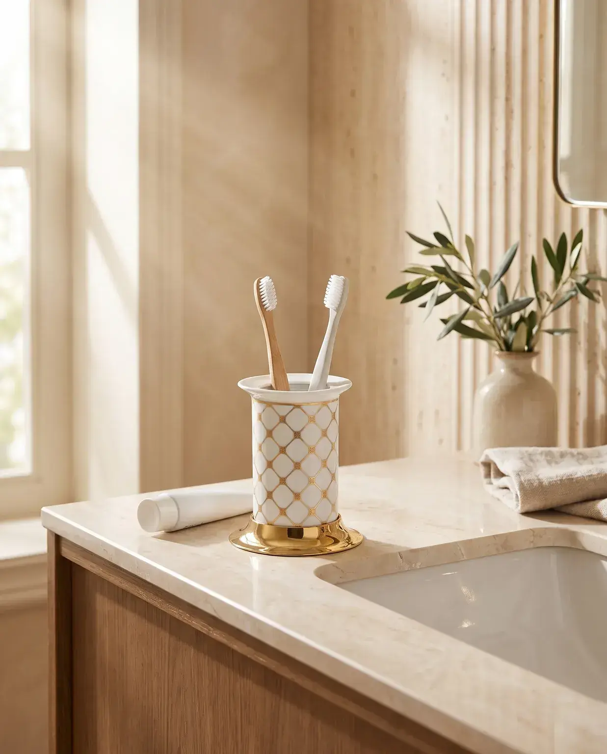 Pure Concept Geometrik Set Üstü Diş Fırçalık Beyaz Altın uygulama örneği