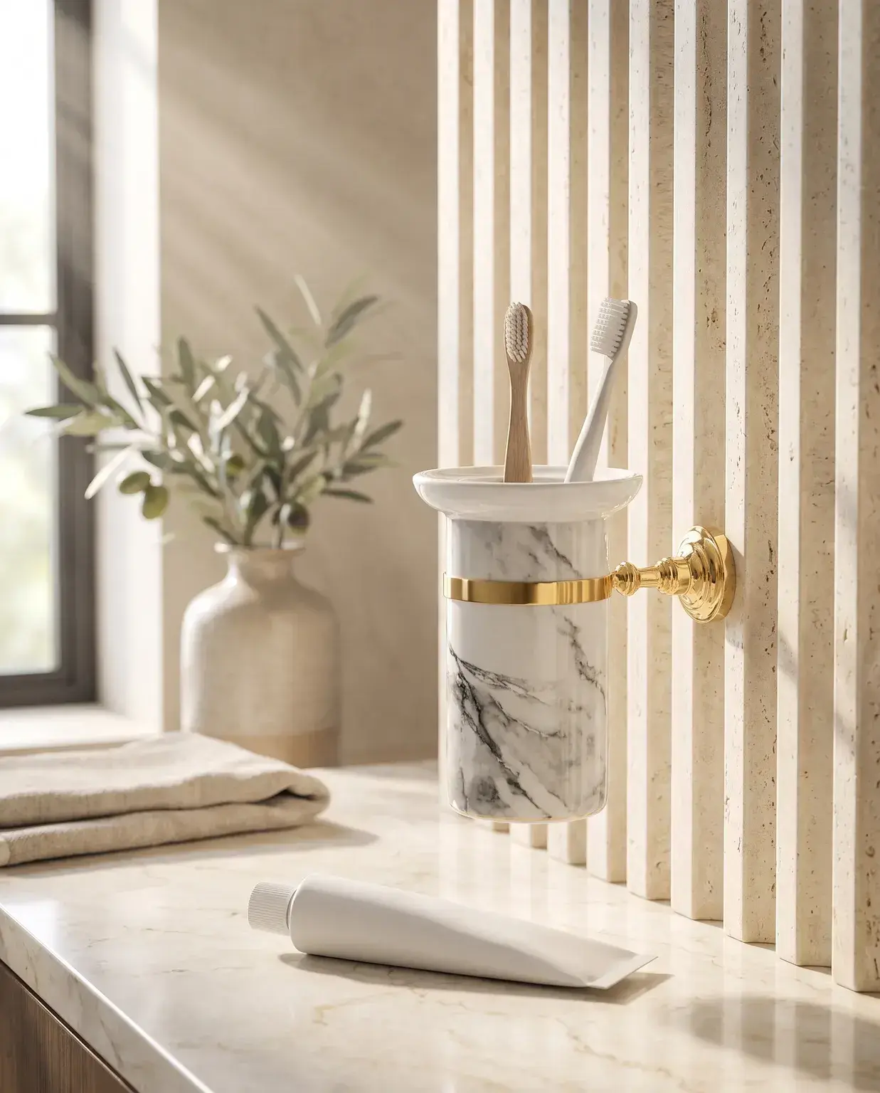 Pure Concept Calacatta Montajlı Diş Fırçalık Beyaz Altın uygulama örneği