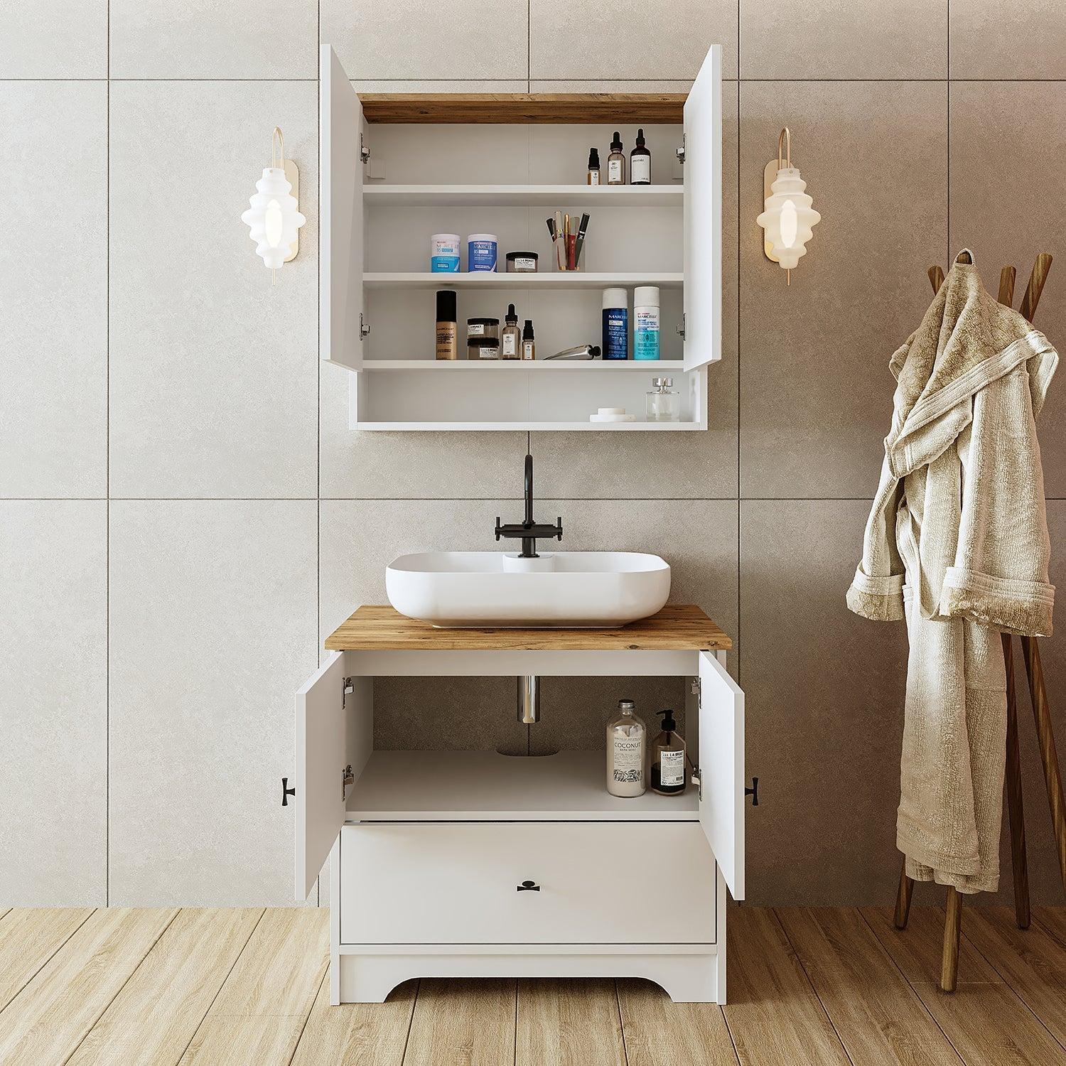 Roomart Aria Lavabolu Banyo Dolabı Takımı 2'li Set 80 cm Atlas Çam-Beyaz Oval Çanak Lavabo uygulama örneği