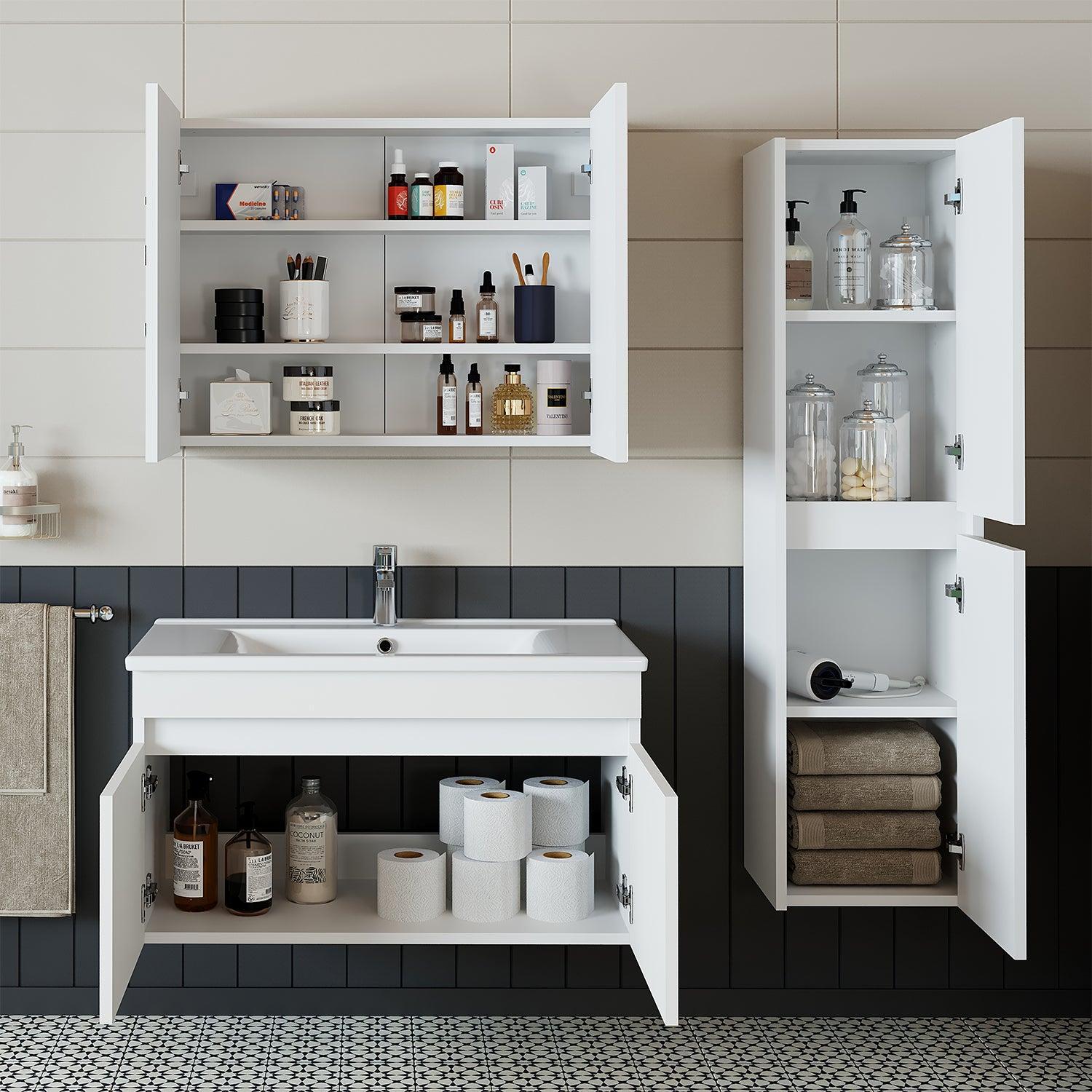 Roomart Atria Lavabolu Banyo Dolabı 3'lü Set 85 cm Beyaz uygulama örneği