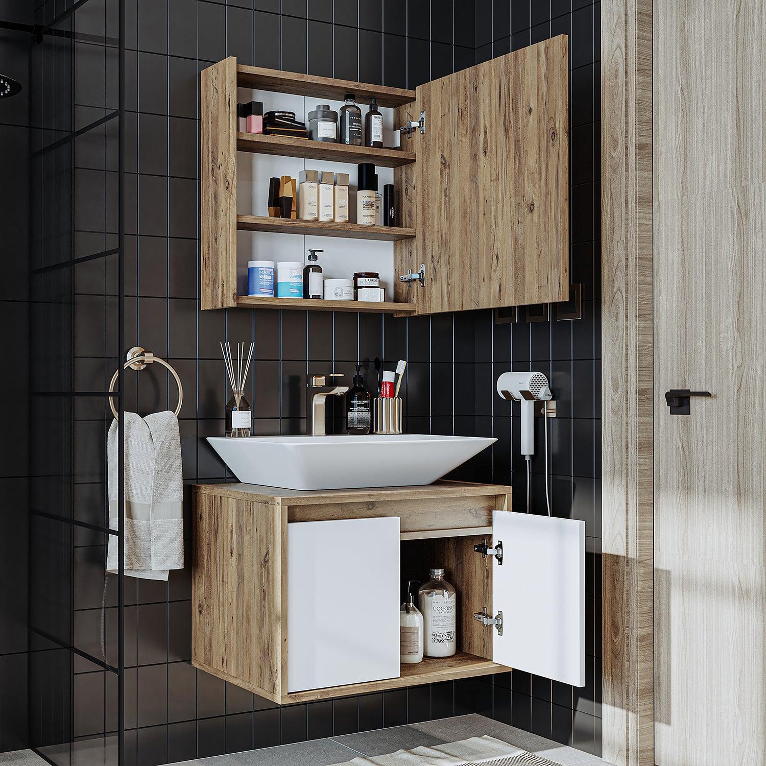 Roomart Atlantic Lavabolu Banyo Dolabı 2'li Set 65 cm Atlas Çam-Beyaz uygulama örneği