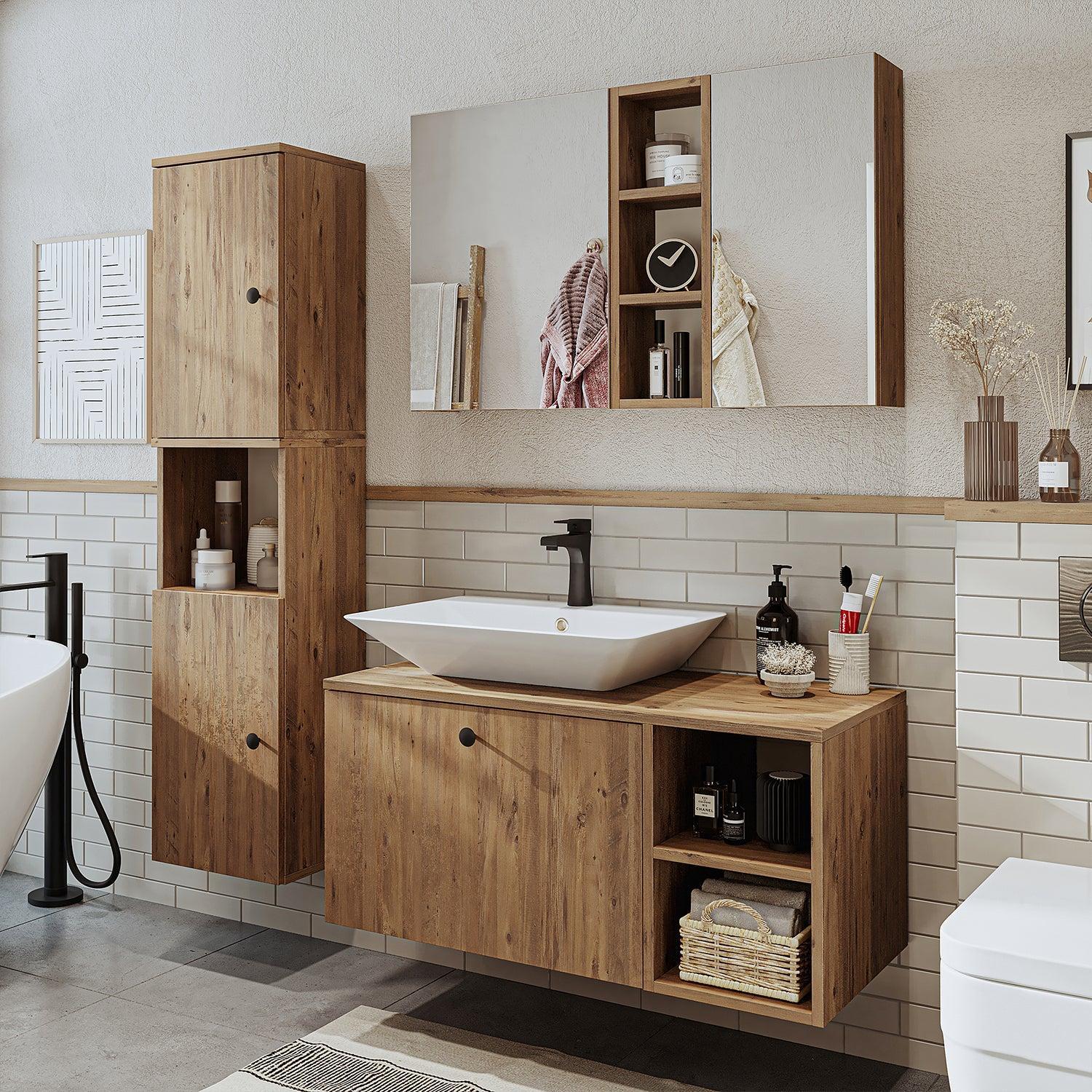 Roomart Lotus Lavabolu Banyo Dolabı 3'lü Set 95 cm Atlas Çam Dikdörtgen Çanak Lavabo uygulama örneği